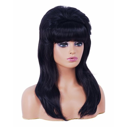 Gerulyss Retro Black Wig for 50S 60S 70S Beehive Long Wavy Wig for Women with Bangs Big Bouffant Costume Wig for Halloween,Party,Daily Use