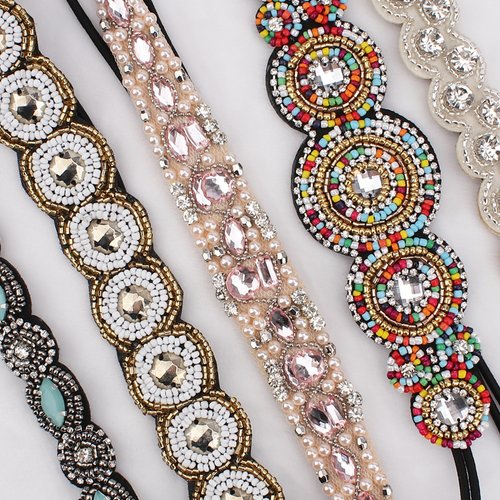 AMCAMI 5Pcs Rhinestone Beaded Headbands for Women Elastic Head Wraps Handmade Crystal Bling Hairbands for Girls Vintage Hair Accessories Party Daily Headwear (C)