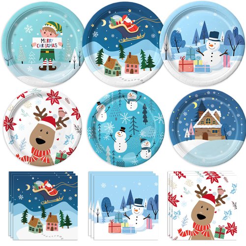 LINHAXM 100 PCS Christmas Paper Plates and Napkins Sets Christmas Disposable Plates - Dinner Plates, Dessert Plates, and Napkins for Christmas Party Decorations, Serve 30