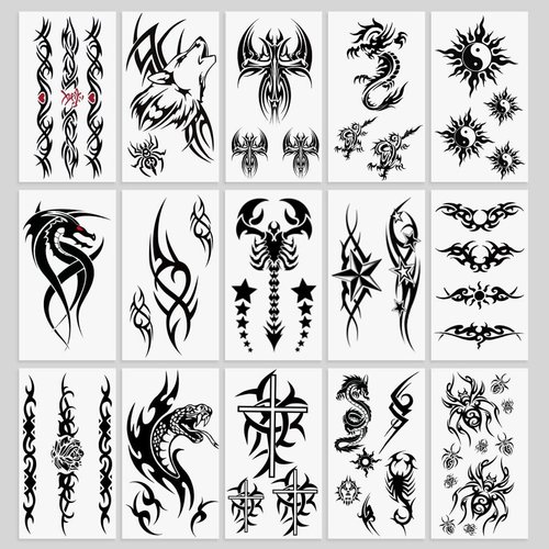 Oottati 15 Sheets Small Cute Hand Arm Temporary Tattoo Stickers Black Dragon Snake Star Cross Wolf Flower Scorpion Spider Totem