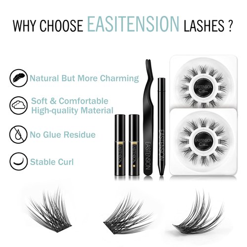 DIY Eyelash Extension EASITENSION Individual Bounded Glue Lash Clusters 3D Effect Volume Lashes Set, Home Eyelash Extension, C curl Lashes Pack 12mm,14mm (KIT-Volume)