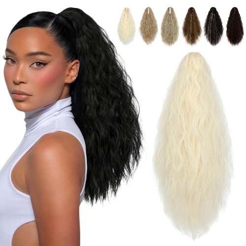 Felendy Ponytail Extension Claw 18" Curly Wavy Fluffy Ponytail Hair Extensions One Piece Long Pony Tails Synthetic Hairpiece for Women Bleach Blonde