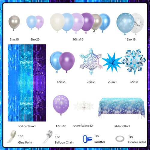MEHOFOND Snow Birthday Party Supplies, Winter Wonderland Balloon Garland Arch Kit Blue Purple Foil Curtain Snowflake Tablecloth Snowflake Foil Balloons Winter Baby Girl Birthday Party Decorations