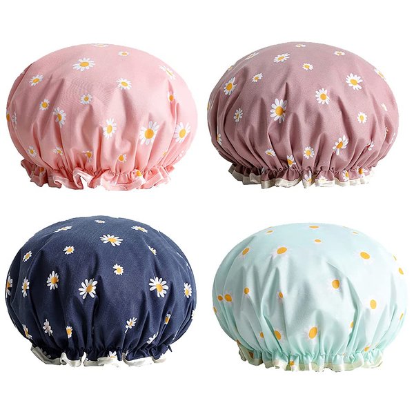 4 Pcs Daisy Bath Cap Double Layer Waterproof Shower Cap Elastic Band Bath Hats Hair Protection Cover Cap for Girls and Women
