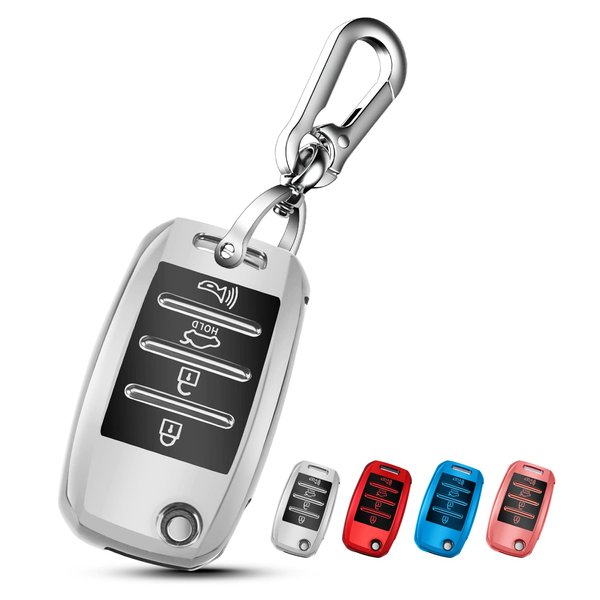 QBUC for KIA Key Fob Cover Case with Keychain for 2013 2014 2015 2016 2017 Kia Sorento Sedona Soul Rio etc (Flip/Folding Key)(Silver)