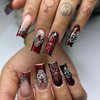 MISUD Press on Nails Long Square Fake Nails Glossy Glue on Nails Goth Black Red Ombre Acrylic Nails Squoval Artificial Nails Spider Web Stick on False Nails with Rhinestone Design 24 pcs