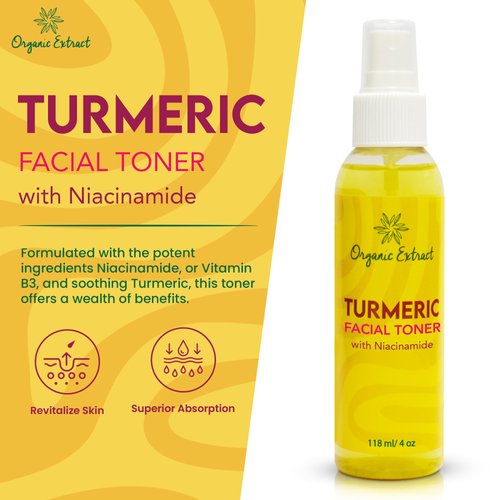 Organic Extract Turmeric Facial Toner - 4 fl oz / 118 ml - Skin Brightening Face Toner, Gently Removes Impurities - Skin Balancing & Pore-Reducing Toner - Exfoliating, Hydrating Toner with Niacinamide