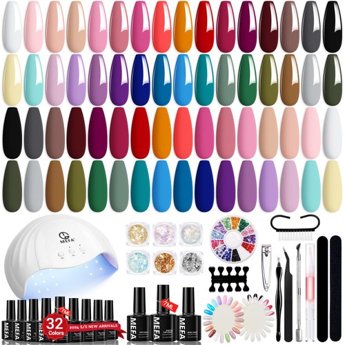 MEFA 32 Colors Gel Nail Polish Kit with U V Light, 54 Pcs Nude Pink Popular Gel Nail Polish Starters Set with Matte/Glossy Base Top Coat Essential Manicure Tools Nails Art Decorations DIY Gifts