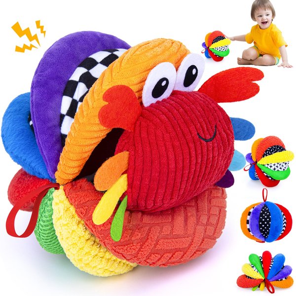 Rainbow Fabric Ball, 8-in-1 Sensory Balls for Infant Toddlers, Black and White High Contrast Baby Toys for Sensory Development, Soft Plush Rattle Ball Toys, Different Sensory Tactile Textures Balls