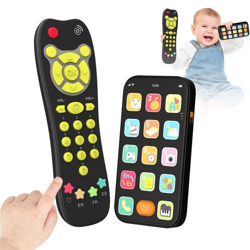 Toy Phone Baby Remote Control Toy Set, Play Phones TV Remote Control with Music Light for 6+ Months, Early Learning Baby Toys Gift for 1 Year Old Boys Girls Kids Toddler Infant, English/Spanish, Black