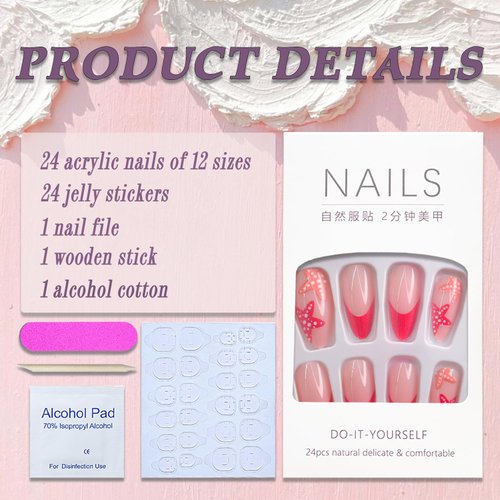 Press on Nails French Tip Fake Nails Starfish False Nails with Designs Pink Full Cover Cute Acrylic Nails Glossy Glue on Nails Summer Handmade Nails Artificial Nails for Women Girls 24Pcs