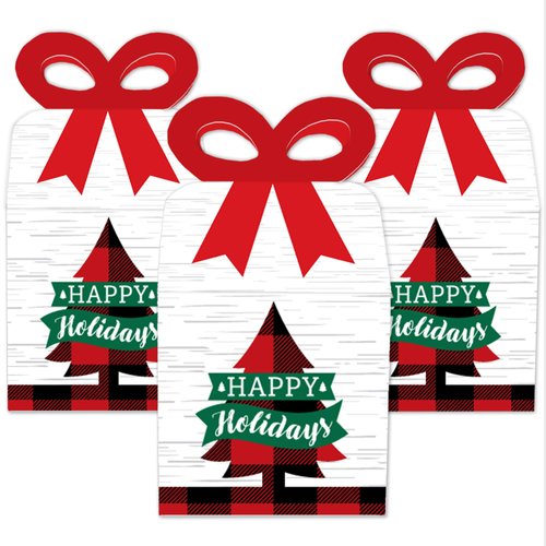 Big Dot of Happiness Holiday Plaid Trees - Square Favor Gift Boxes - Buffalo Plaid Christmas Party Bow Boxes - Set of 12