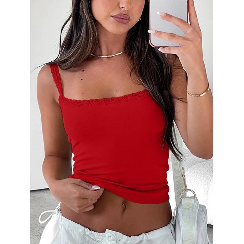 zhaistar Sleeveless Camisole Tank Tops for Women Y2K Spaghetti Strap Lace Trim Slim Fit Basic Cami Shirts Red L