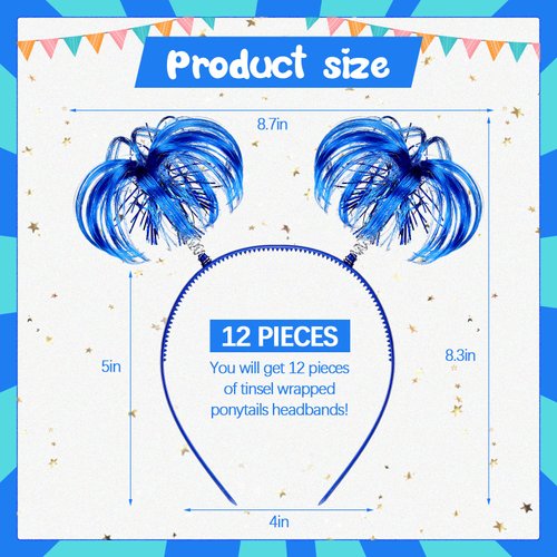 Jexine 12 Pieces Tinsel Wrapped Ponytails Headbands Headwear Feathers Headbands for Women Girls Hair Costume Accessories (Blue)