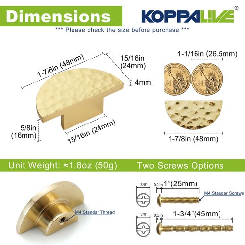 KOPPALIVE 10-Pack Solid Brass Cabinet Knobs, Semicircle Gold Drawer Knobs, Hammered Dresser Drawer Pulls Handles, Modern Furniture Hardware for Kitchen, Length 1-7/8 Inch