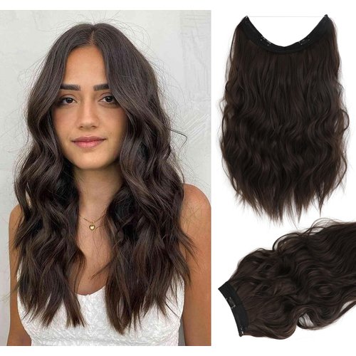 SHANGZI Halo Hair Extensions 20 Inch Invisible Wire Medium Ash Brown Hair Extensions Adjustable Long Wavy Hair Extensions Synthetic Upgrade 4 Secure Clips in Hairpieces