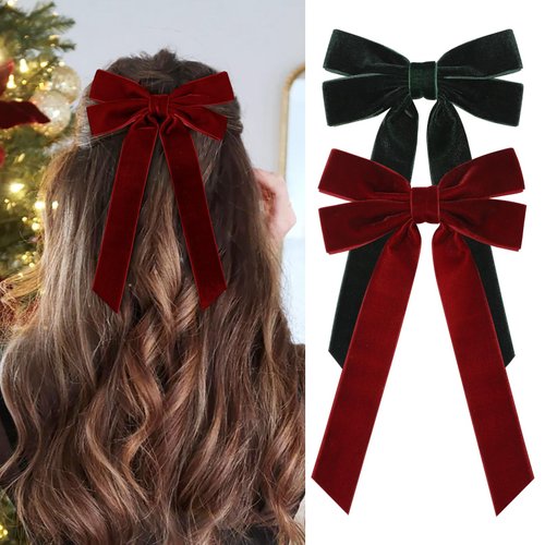 2PCS Velvet Hair Bows Ribbon Hair Clip Green Red Ponytail Holder Accessories Slides Metal Clips Hair Bow for Women Girls Toddlers Teens Kids