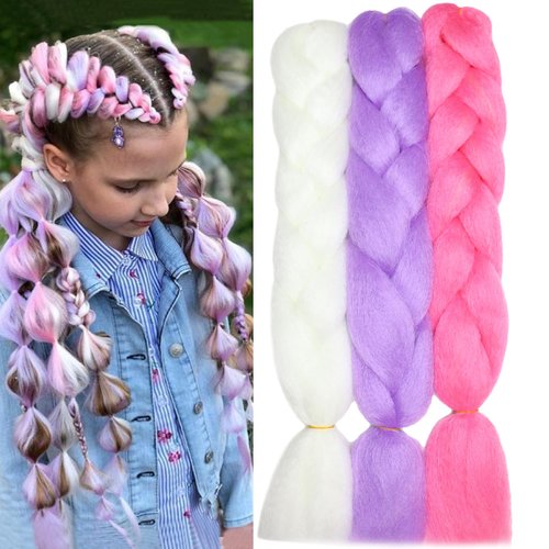 Christmas Colored Jumbo Braiding Hair Extensions Glow in the Dark Hair 24inch 3Pack Synthetic Hair for Braiding Muticolor Neon Glowing Braiding Hair(White/Purple/Hot Pink)