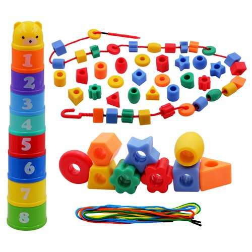 BMTOYS Set of Lacing Beads (50pcs) and Rainbow Colors Stacking Cups, Educational & Motor Skills Sorting & Nesting Toys Set of for Kids