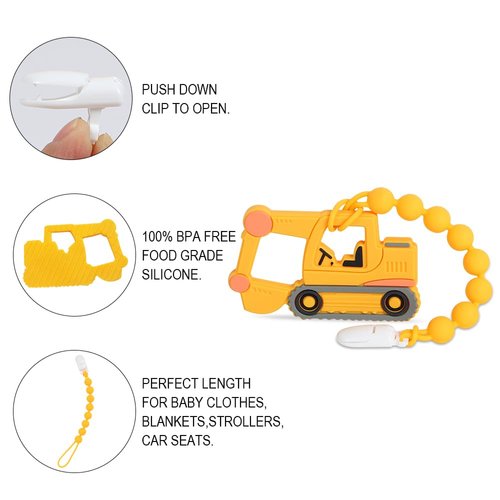 Baby Construction Vehicles Teething Toys,Food Grade Silicone Teether with One-Piece Pacifier Clip Holder,Best Shower Gift for 3 Months+ Boy and Girl,BPA Free,Freezer Safe. (Excavator)