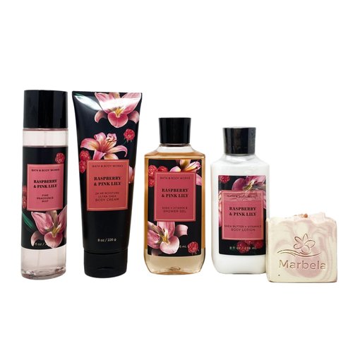Bath & Body Works Raspberry & Pink Lily Deluxe Value Pack - Fragrance Mist - Body Cream - Shower Gel - Body Lotion - with a Himalayan Salts Springs Bar Soap - Full Size