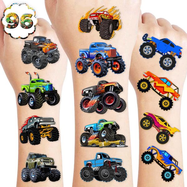 8 Sheets (96PCS) Monster Truck Temporary Tattoos Themed Birthday Party Decorations Favors Supplies Decor Stickers for Kids Boys Girls Gifts Classroom School Prizes Rewards
