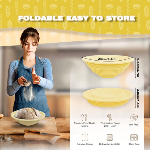 WYKJII Silicone Banneton Bread Proofing Basket, 9inch Round Basket for Sourdough Bread Proofing, Foldable Bread Proofing Bowl Set for Sourdough Bread Baking, Beige