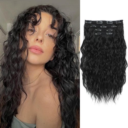 MORICHY Clip in Hair Extensions Clip ins 16'' Wavy Curly Clip in Hair Extensions 4PCS Black Hair Extensions Invisible Soft Lace Seamless Clip in Hair Extensions Synthetic Hair Pieces for Women
