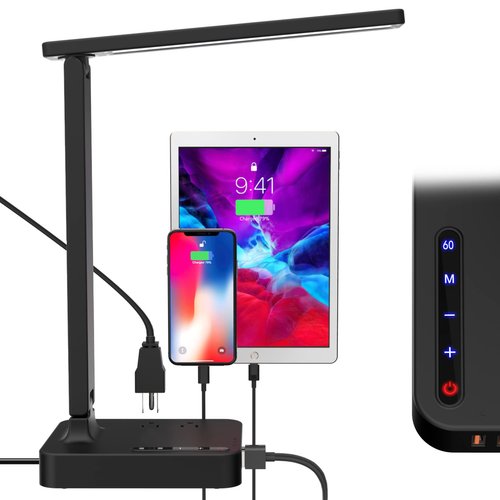 COZOO LED Desk Lamp with 3 USB Charging Ports,2 AC Outlet,3 Color Modes 3 Brightness Levels,Touch/Memory/Timer Function,Eye-Caring Home Office Foldable Natural Light Task Lamp for Reading,Study,Crafts