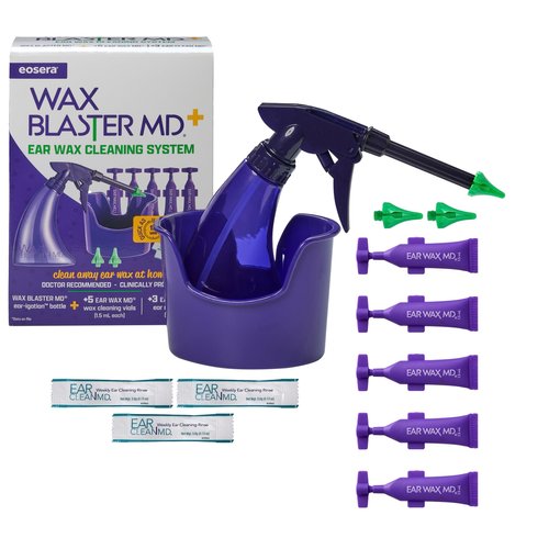 eosera® WAX BLASTER MD+ Cleaning Kit - Earwax Dissolver for Adults & Kids - Fast Acting, Doctor Recommended, Clinically Proven - Complete Irrigation Kit with 3 Ear Clean MD Packets & 5-ct Single Use Ear Wax MD Vials - Works in 15 Minutes