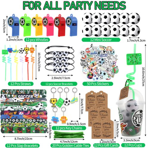 LiYiQ 158 Pcs Soccer Party Favors Soccer Party Supplies with Cup Straw Stress Ball Keychain Sticker Slaps Bracelets Whistle Thank You Tags for Soccer Birthday Decorations (Soccer)