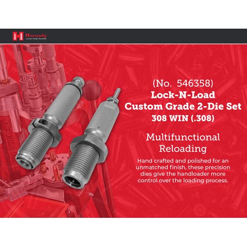 Hornady Custom Grade New Dimension 2-Die Set, 308 Win (.308) (546358) - Caliber Specific Reloading Equipment for Handloaders with Full Length Sizer Die, Seating Die, Sure-Loc Rings, & Storage Box