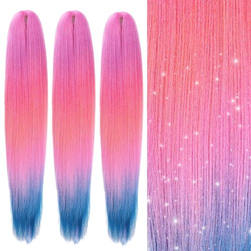 EMMOR Pre Stretched Braiding Hair 3 Packs Braid Crochet Hair 24 Inch Hot Water Setting Professional Soft Yaki Texture(Pink-Bule)