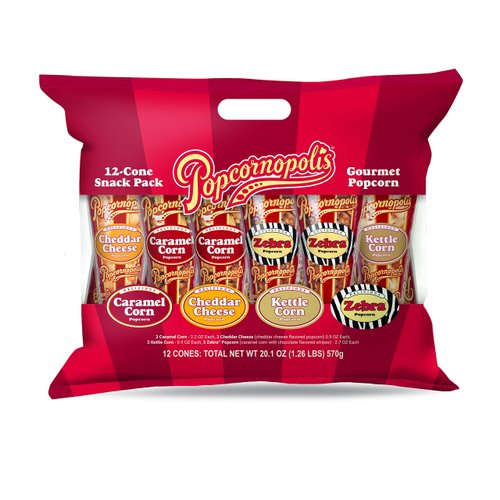 Popcornopolis Gourmet Popcorn Snacks, 12 Cone Variety Snack Packs (Gift Cone), Perfect Party Favors, Zebra Popcorn, Cheddar Cheese Popcorn, Caramel Popcorn & Kettle Corn Popcorn