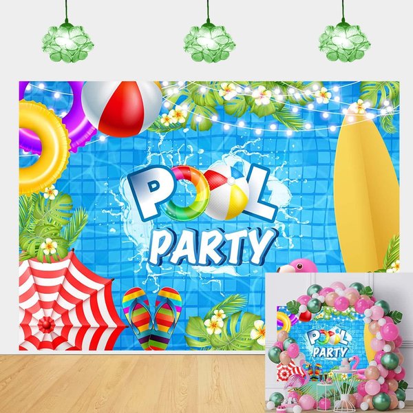 Cenven Summer Pool Party Backdrop Hawaiian Beach Ball Swim Ring Surfboard Tropical Palm Flower Photography Background Baby Shower Birthday Swimming Pool Party Decoration 7x5FT