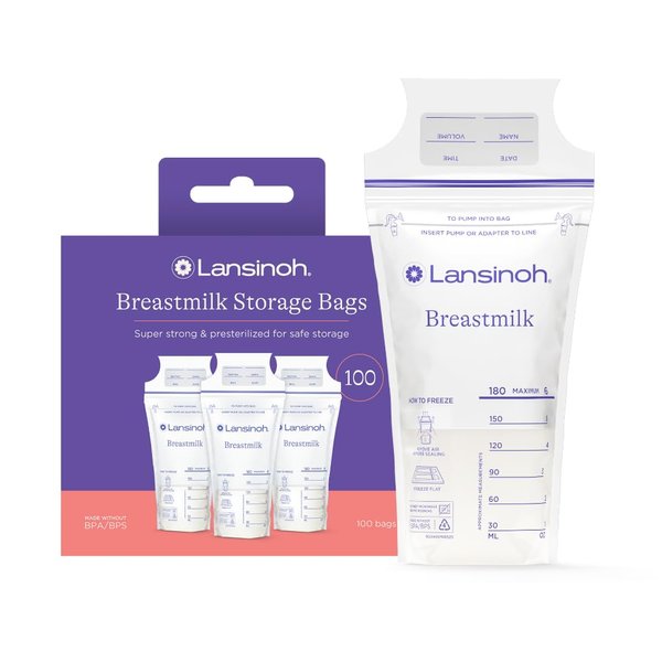 Lansinoh Breastmilk Storage Bags, 100 Count, Easy to Use Breast Milk Storage Bags for Feeding, Baby Essentials, Presterilized, Hygienically Doubled-Sealed for Freezing & Refrigeration, 6 Ounce