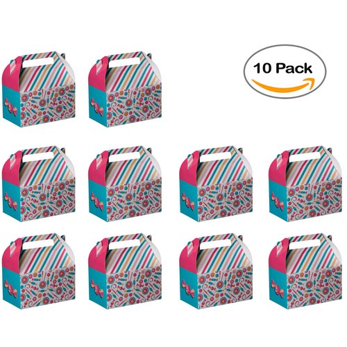 Hammont Paper Treat Boxes - (10 Pack) - Party Favors Treat Container Cookie Boxes Cute Designs Perfect for Parties and Celebrations 6.25" x 3.75" x 3.5" (Candy)