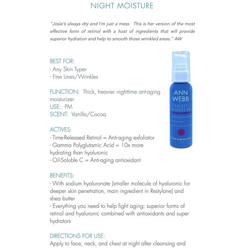 Ann Webb Night Moisture Lotion - All Natural Thick Night Moisturizer for Face w/Retinol - Intense Soothing Night Cream for Firming, Anti-Aging & Wrinkle Cream - For Dry, Normal & Oily Skin 1oz