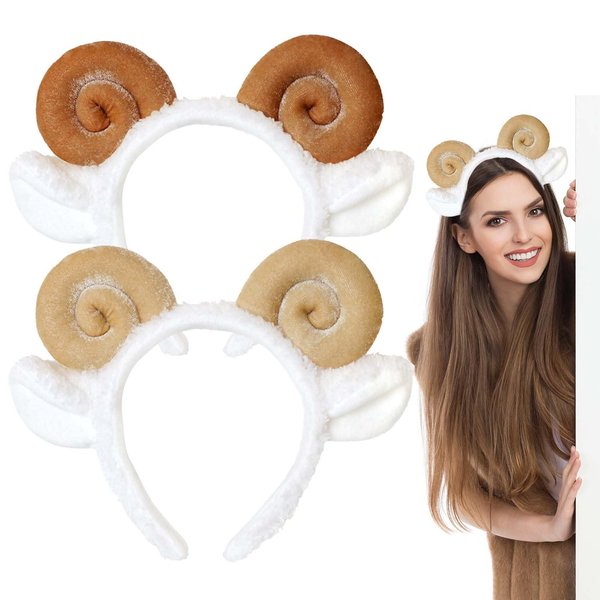 Auswalar 2 PCS Fur Ears Headband, Sheep Horn Hairband Lamb Hair Hoop Cute Animal Headwear Animal Costume Accessories for Christmas Birthday Cosplay