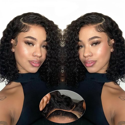 Apeasex Glueless Wigs Human Hair Pre Plucked Pre Cut Wear and Go Curly Human Hair Wig Short Curly Bob Wig Human Hair Side Part Deep Wave Lace Front Wigs for Black Women 180 Density 12 Inch Closure Wig