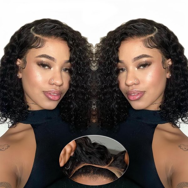 Apeasex Glueless Wigs Human Hair Pre Plucked Pre Cut Wear and Go Curly Human Hair Wig Short Curly Bob Wig Human Hair Side Part Deep Wave Lace Front Wigs for Black Women 180 Density 12 Inch Closure Wig