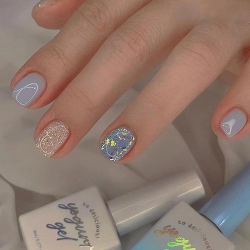24 Pcs Grey-Blue Press on Nails Short Square - SHANRUN Fake Nails Press ons Spring Glossy Nail Ti...