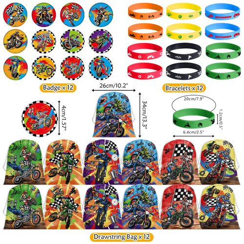 Ywediim Dirt Bike Party Favor Supplies, Including Motorcycle Theme Boy Motocross Bags Drawstring Goodie Treat Bags Wristbands Badge, for Motocross Theme Kids Birthday Party Gift