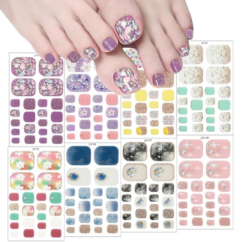 8 Sheets Toe Nail Wraps Semi Cured Gel Toenail Strips Decals Stick on Nail Polish Strips Supplies Glitter Toe Nail Stickers Self Adhesive Design Nail Strips Full Nail Wraps for Women Girl DIY Manicure