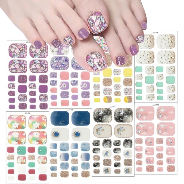 8 Sheets Toe Nail Wraps Semi Cured Gel Toenail Strips Decals Stick on Nail Polish Strips Supplies Glitter Toe Nail Stickers Self Adhesive Design Nail Strips Full Nail Wraps for Women Girl DIY Manicure