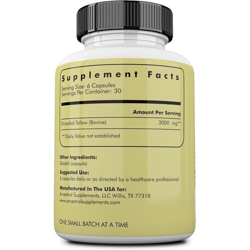 Ancestral Supplements Grass Fed Beef Tallow Capsules, 3000mg, Nourishing Kidney Fat Supplement Supports Bones, Teeth, Gums, Skin, Immune and Overall Health, Non-GMO, 180 Capsules