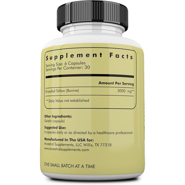 Ancestral Supplements Grass Fed Beef Tallow Capsules, 3000mg, Nourishing Kidney Fat Supplement Supports Bones, Teeth, Gums, Skin, Immune and Overall Health, Non-GMO, 180 Capsules