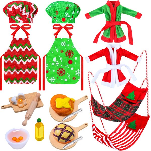 Hungdao Christmas Elf Accessories Mini Elf Doll Baker Outfit Set Include Apron Hats Rolling Pin Egg Cookie Tray Set Mixing Bowl for Xmas Elf Doll Decorations, Doll is Not Included (Adorable Style)