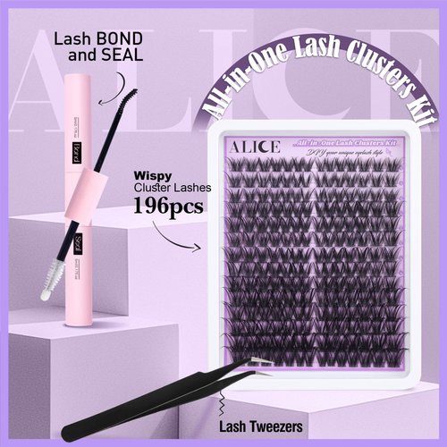 ALICE Cluster Eyelash Extension Kit Natural Wispy Lash Clusters Kit DIY Lash Extension Kit Fluffy 196pcs 10-18mm Individual Lashes with Mix 4-7mm of Lash Band Lash Glue Lash Twezeers