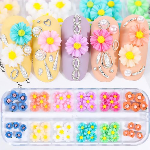 Tyuimhx 60Pcs Colorful Flowers Nail Charms 3D Daisy Nail Art Charms White Green Pink Blue Orange Designs Floral Charms for Nail Art Women Resin Manicure Jewelry Nail Decorations Crafts